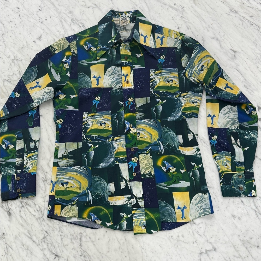 Disney Vintage 70s Kennington Disco Shirt Fantasia Mickey Wizard Medium FLAWLESS